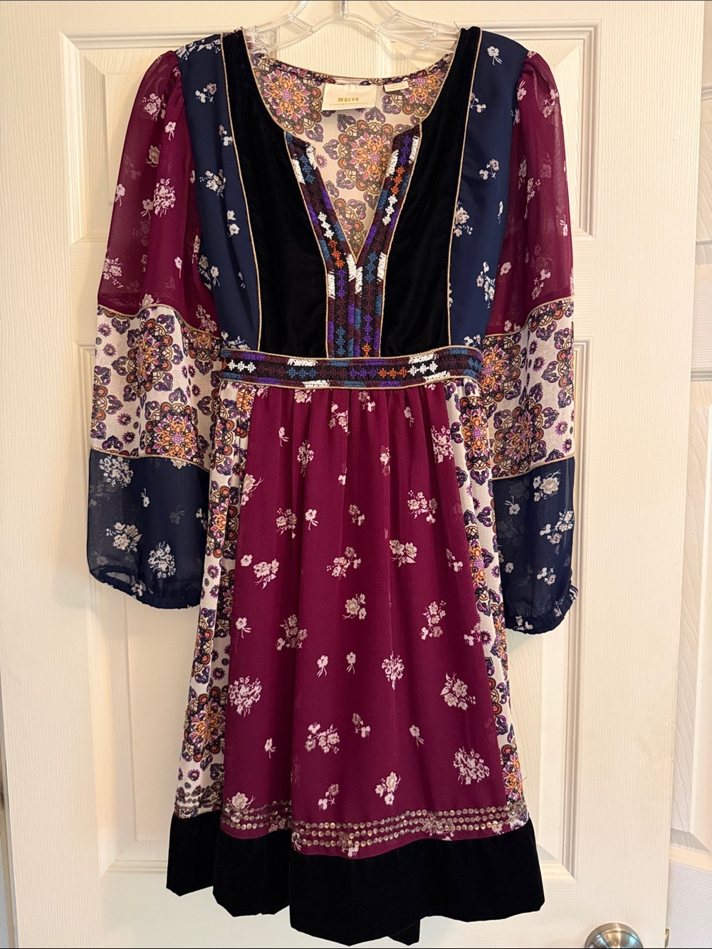Maeve Boho Patchwork Mini Dress in Burgundy and Navy